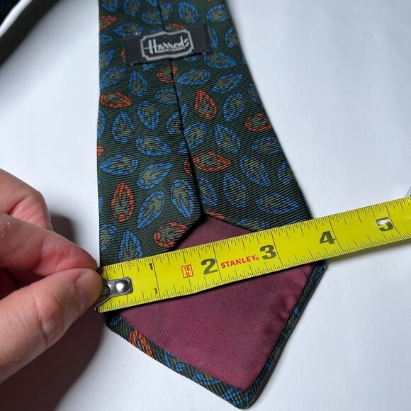 Harrods Knightbridge Silk Tie Green Stylized Leaf Like Pattern Blue Orange - Picture 2 of 7